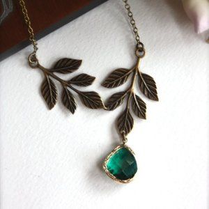 Dark Green and Antique Gold Leaf Necklace